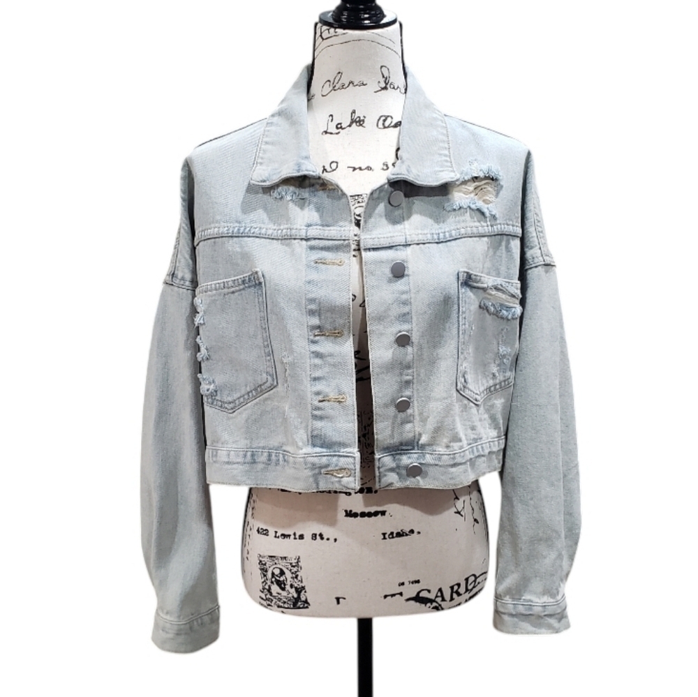 Blue B Collection Distressed Cropped Denim Jacket W/ Rhinestone Fringe - Picture 2 of 6